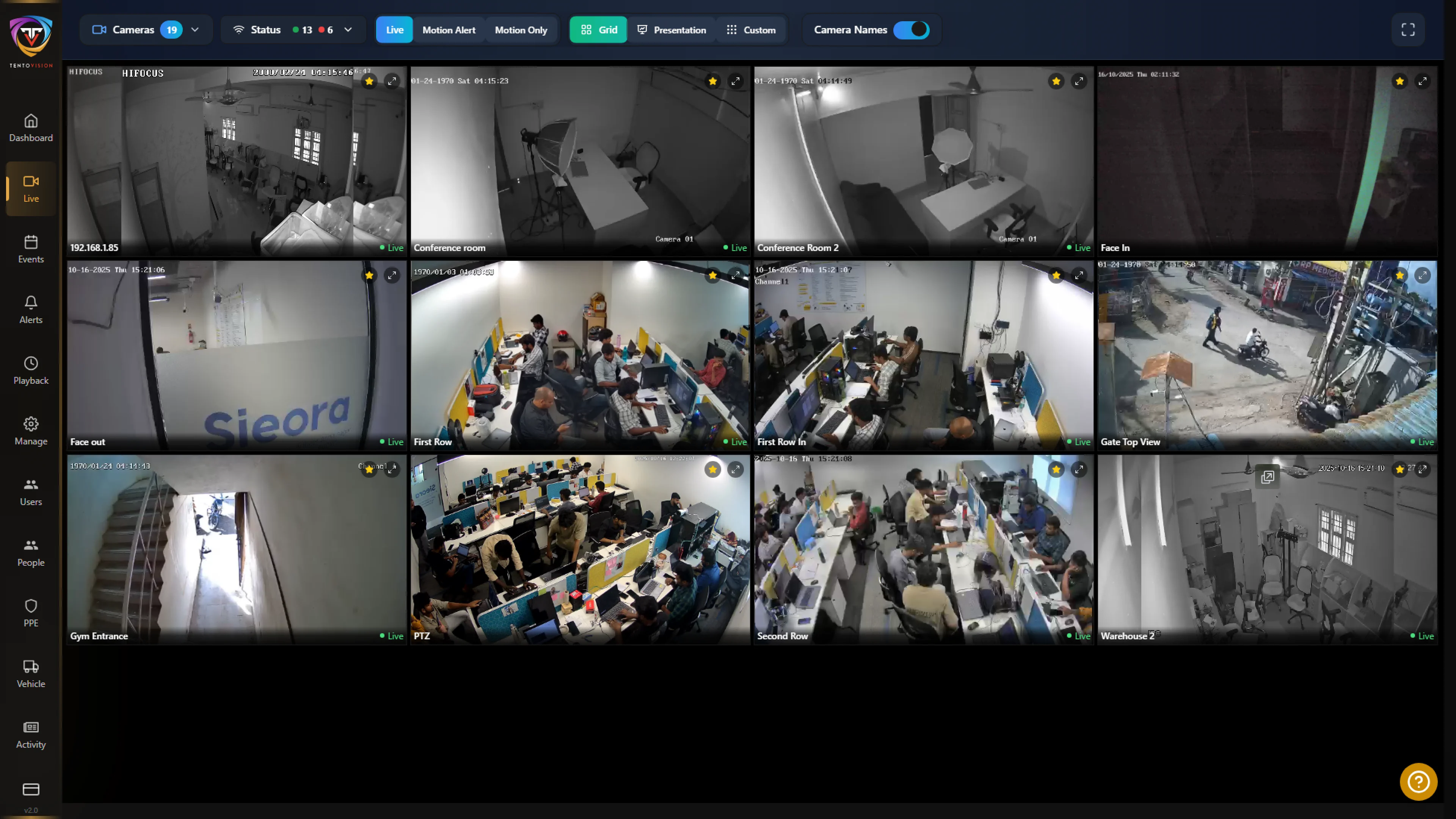 Tentosoft VMS live video monitoring multi-camera dashboard